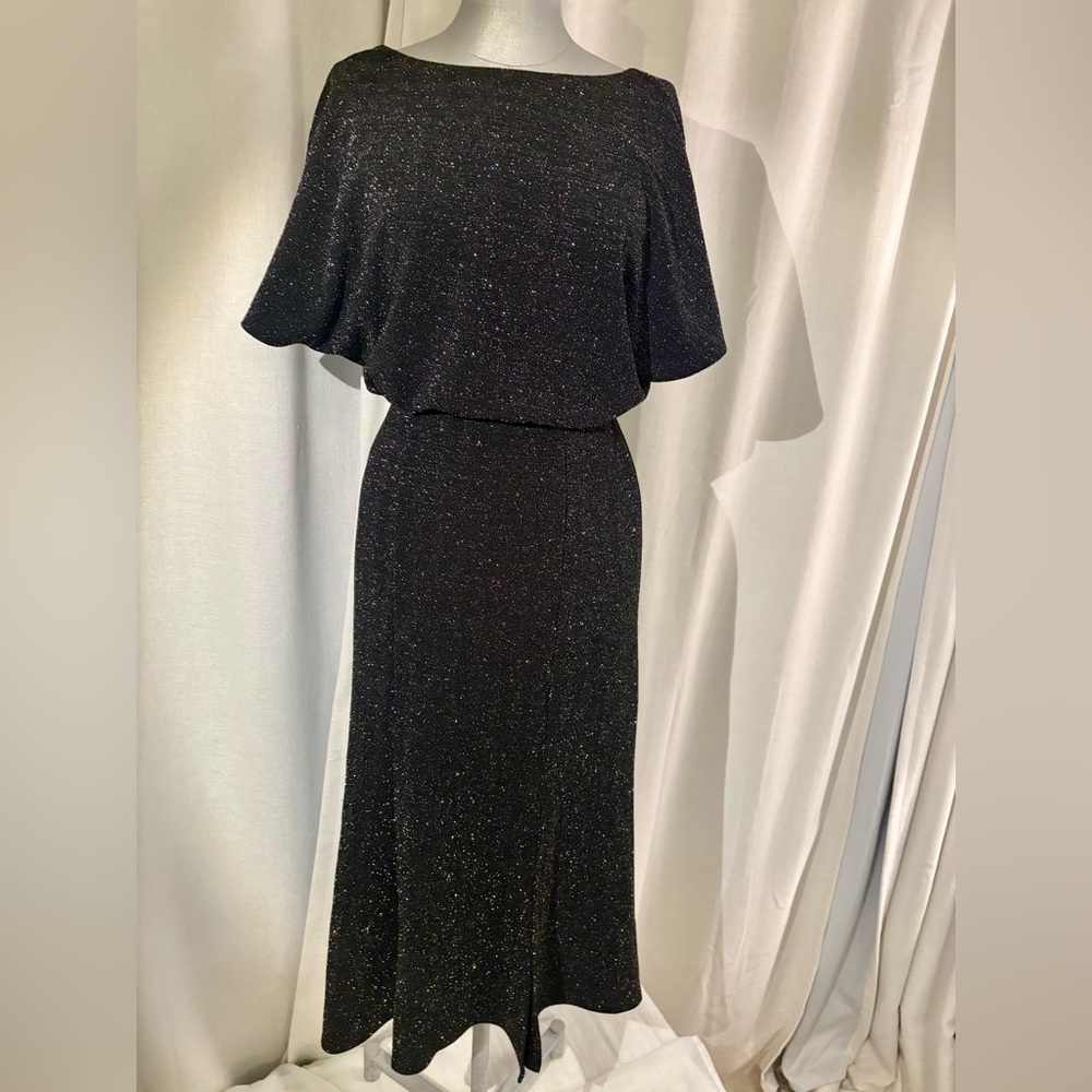 Donna Morgan Silver Metallic Knit Midi Dress with Front Slit Open Back Sz 2 - Picture 10 of 13